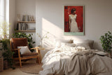 Paul Sinus Wandbild in 40x60cm Frau in weißem Kleid vor roter Wand – modernes Porträt mit ausdrucksstarker Komposition