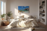 Sinus Art Wandbild 120x80cm Türkises Wasser, weißer Sand und markante Felsen – Urlaubsstimmung pur auf Leinwand