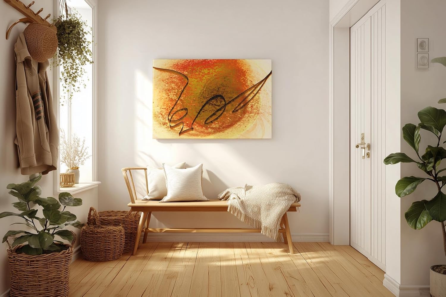 Sinus Art Wandbild 120x80cm Kreisförmige Strukturen in Orange und Gelb mit zentraler schwungvoller schwarzer Linie
