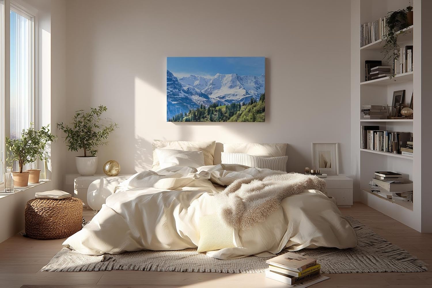 Sinus Art Wandbild 120x80cm Beeindruckendes Panorama mit schneebedeckten Gipfeln und grünen Hängen im Vordergrund