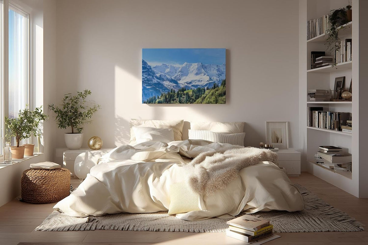 Sinus Art Wandbild 120x80cm Beeindruckendes Panorama mit schneebedeckten Gipfeln und grünen Hängen im Vordergrund