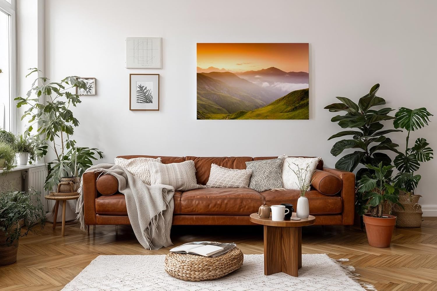 Sinus Art Wandbild 120x80cm Sanfte Hügellandschaft mit Lichtstimmung und Weitblick auf Bergketten