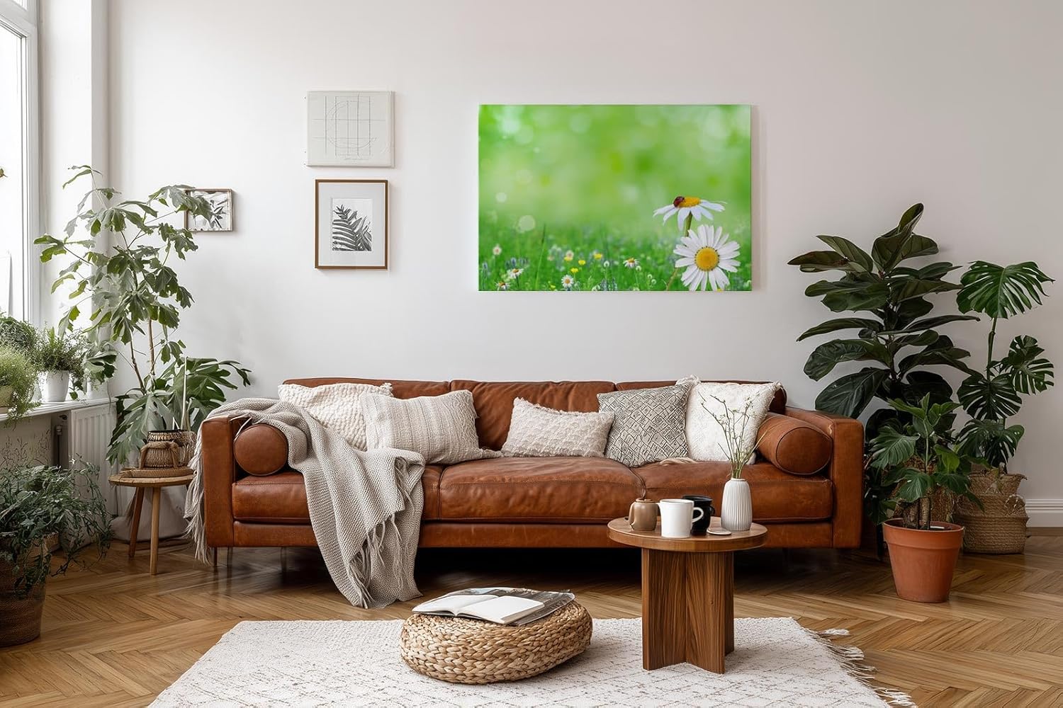 Sinus Art Wandbild 120x80cm Nahaufnahme mit Gänseblümchen und Marienkäfer auf unscharfem Frühlingshintergrund