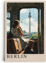 Paul Sinus Leinwandbild 80x120cm Leinwandbild Berlin Deutschland Reise beginnt Nostalgie Stadtbild Fernsehturm S-Bahn Fensterblick Vintage Atmosphäre