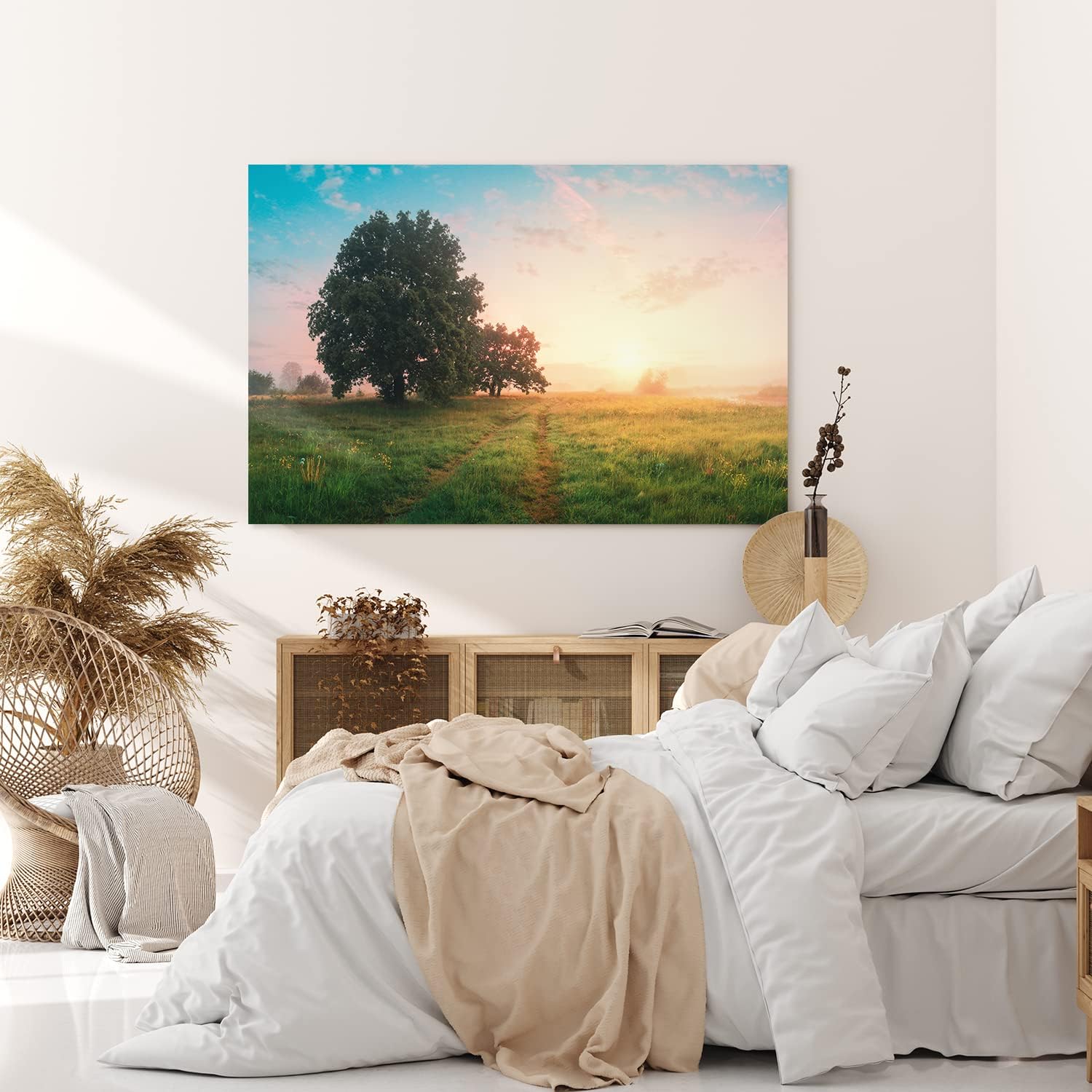 Wandbild 120x80cm Sonnenaufgang Natur Landschaft Nebel Baum Wiese
