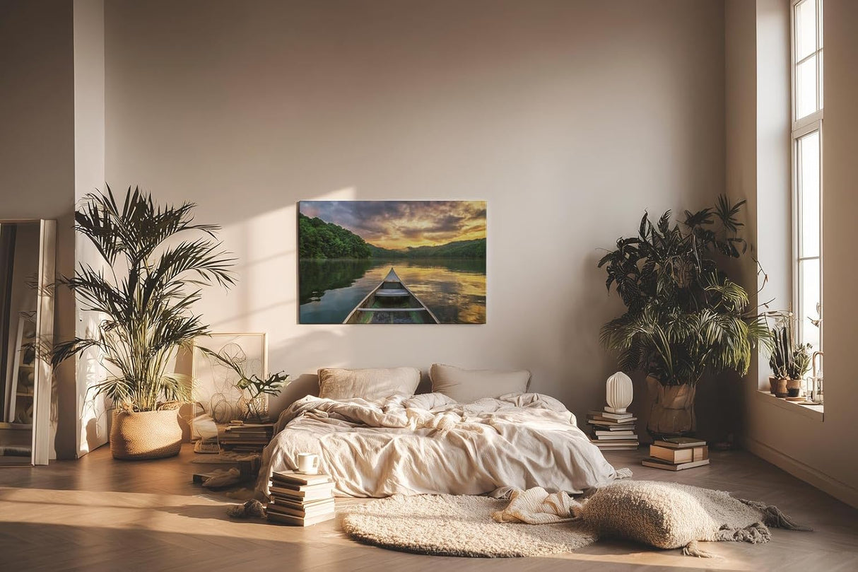 Sinus Art Wandbild 120x80cm Blick vom Boot auf stillen See im Abendlicht – meditativ, klar und inspirierend
