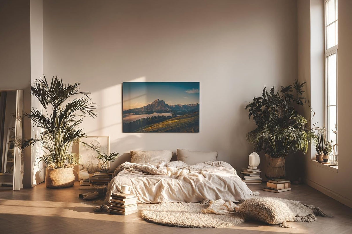 Sinus Art Wandbild 120x80cm Alpenmassiv im goldenen Licht des Sonnenaufgangs über grünen Hügeln