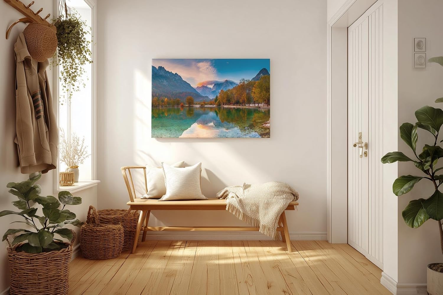 Sinus Art Wandbild 120x80cm Bunt gefärbter Herbstwald am See mit Spiegelung vor alpiner Kulisse für harmonische Raumwirkung