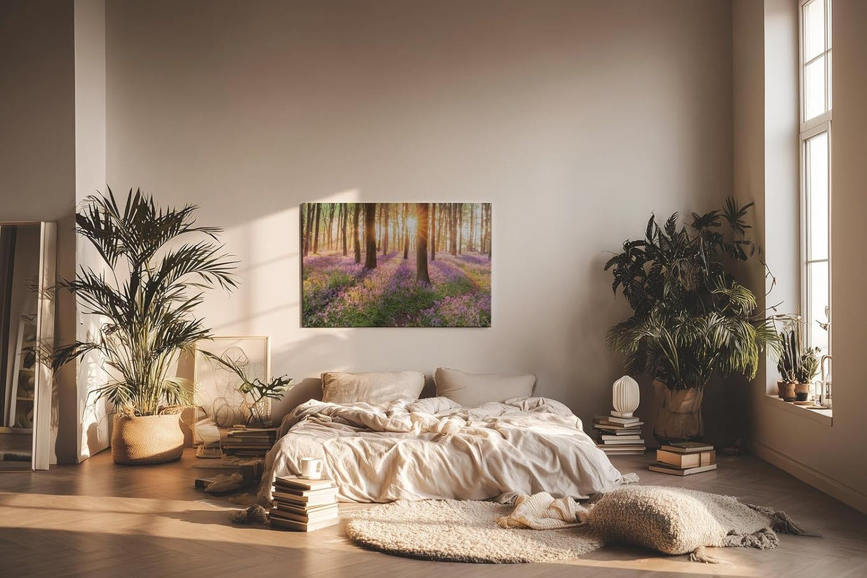 Sinus Art Wandbild 120x80cm Waldszene mit violetten Blüten und einfallender Sonne für verträumte Atmosphäre