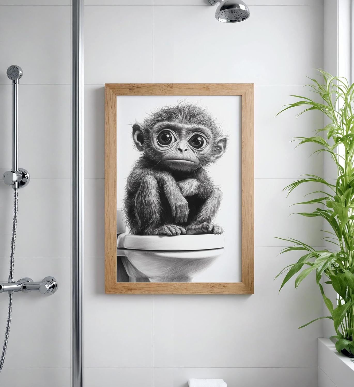 Paul Sinus Poster/Leinwandbild/Rahmenoption – Nachdenklicher Affe auf Toilette – Lustige WC-Deko für dein Badezimmer