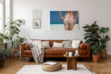 Sinus Art Wandbild 120x80cm Sandbedeckter Rücken in rotem Bikini bringt Sommer, Sonne und Strandgefühl direkt ins Haus