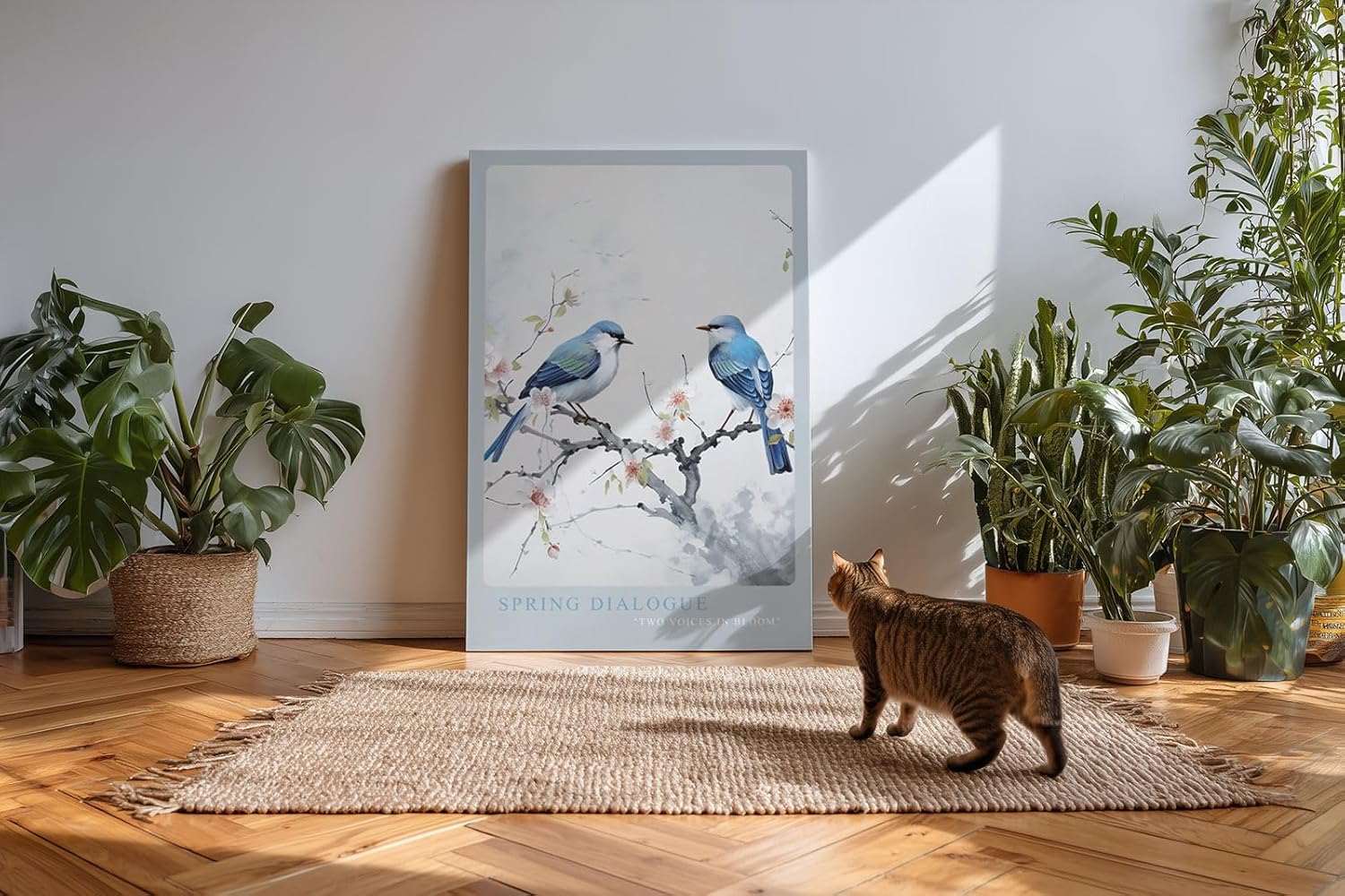 Paul Sinus Kunstdruck 40x60cm Spring Dialogue – Zwei Vögel auf blühendem Zweig in zarter Aquarell-Ästhetik