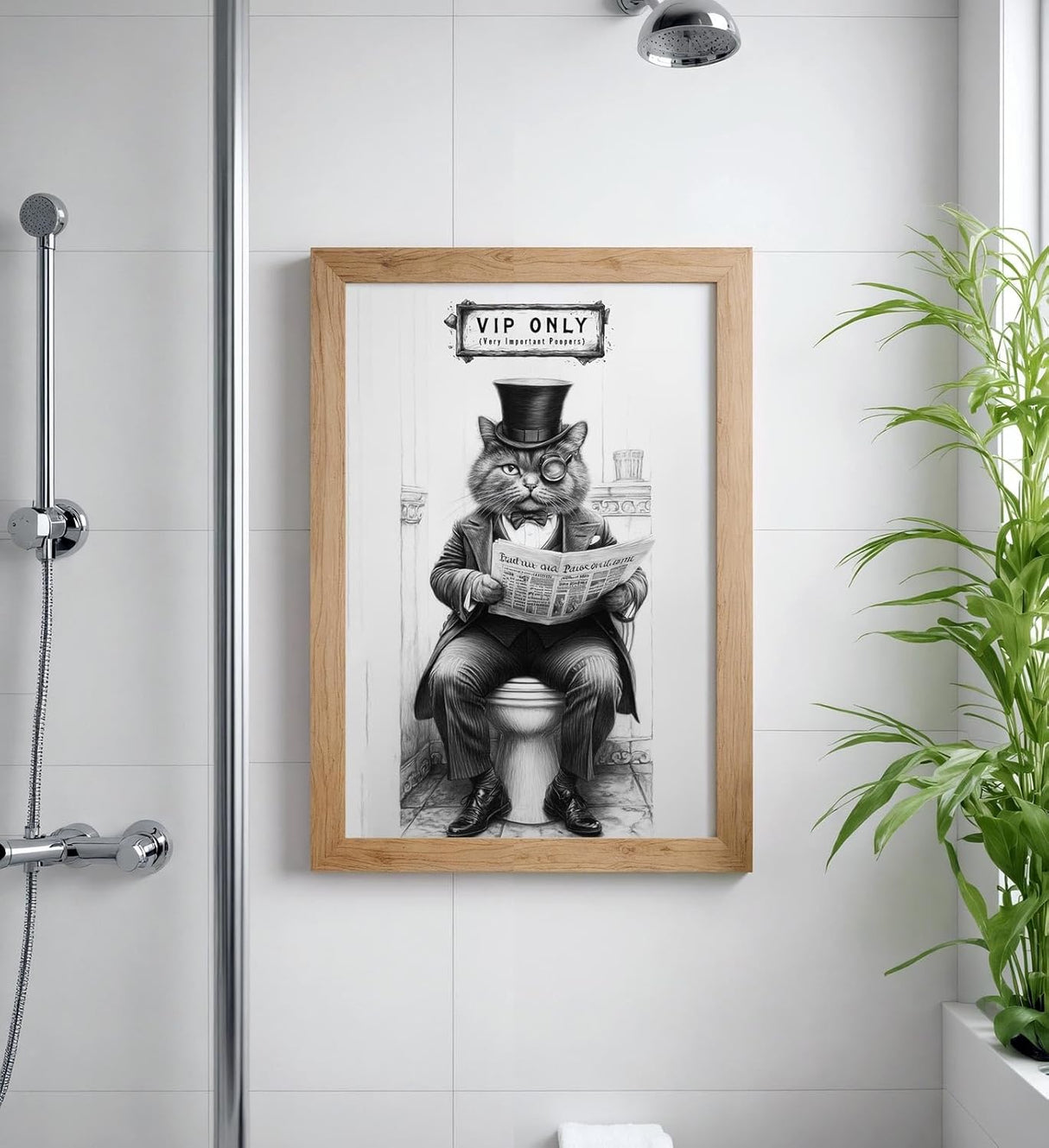 Paul Sinus Poster/Leinwandbild/Rahmenoption – Vornehme Katze „VIP ONLY – Very Important Poopers“ – Lustige WC-Deko für dein Badezimmer