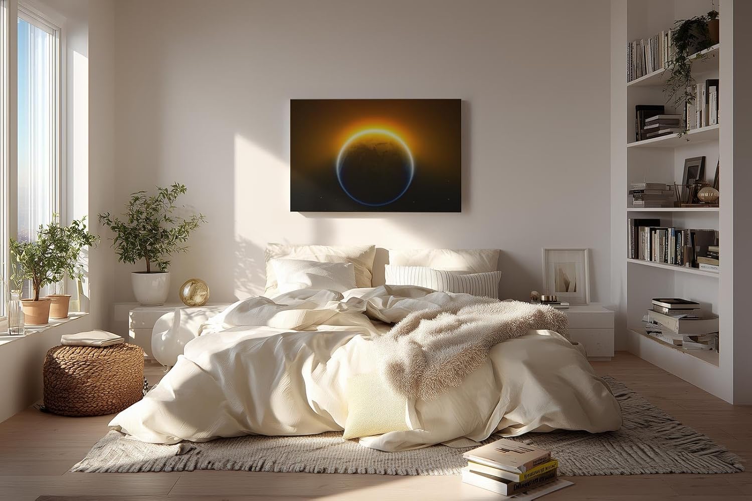 Sinus Art Wandbild 120x80cm Die aufgehende Sonne hinter der Erde erzeugt ein imposantes Lichtspiel im All