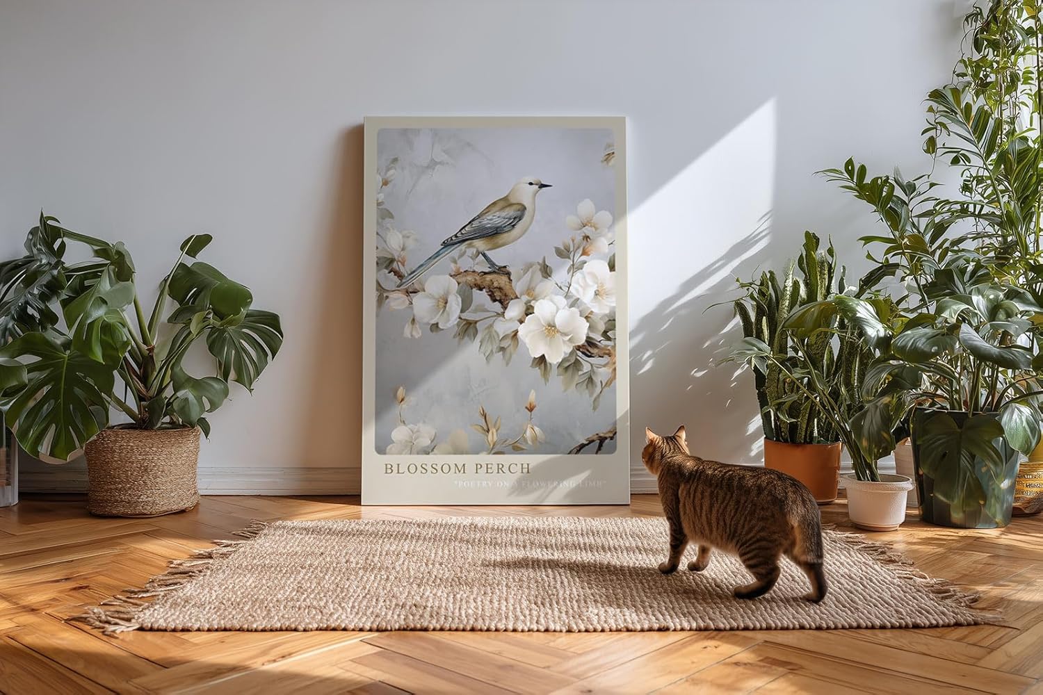 Paul Sinus Kunstdruck 40x60cm Blossom Perch – Vogel auf blühendem Ast in zartem Blütendesign und poetischer Harmonie