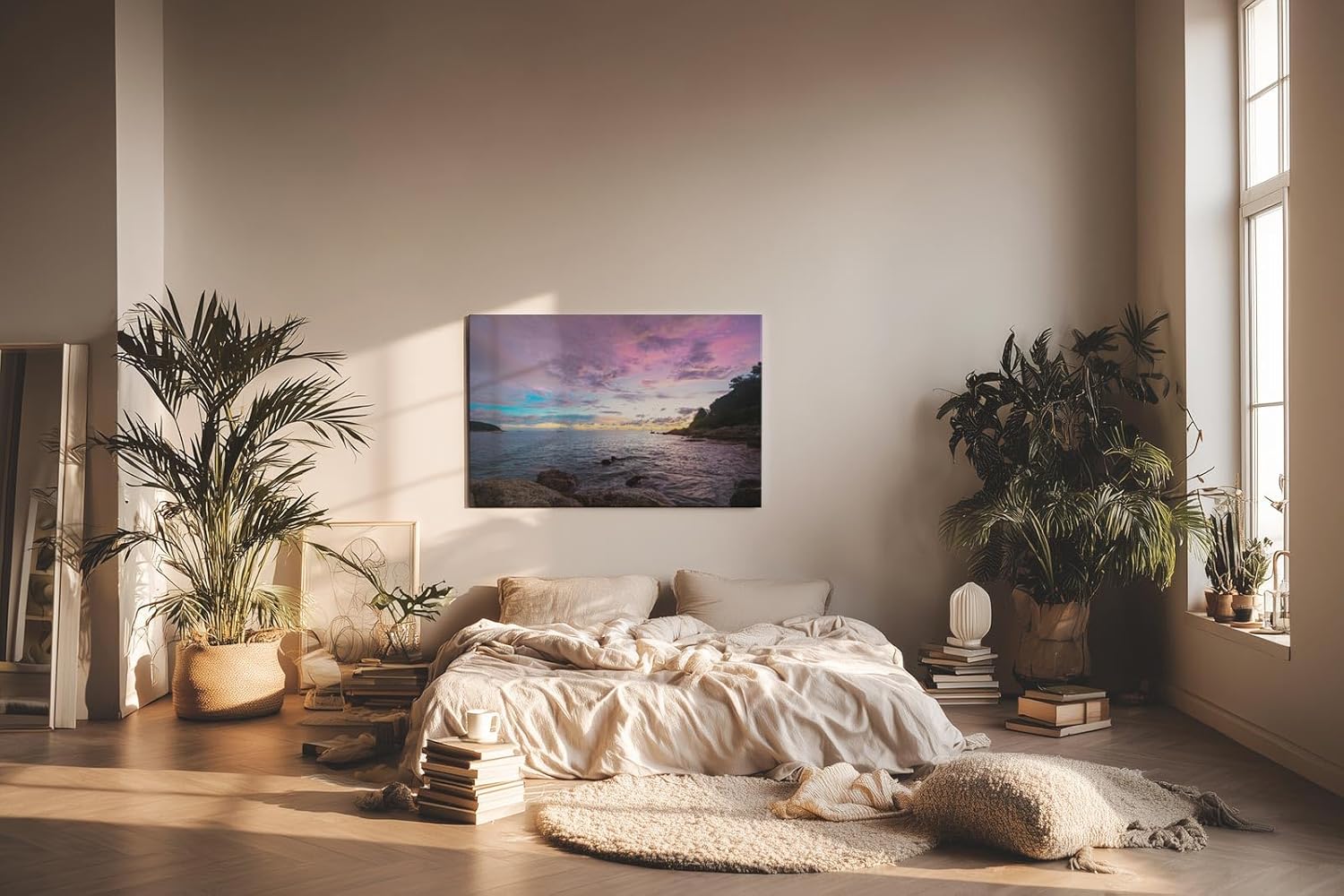 Sinus Art Wandbild 120x80cm Dramatisch ruhige Szene einer felsigen Küste bei Sonnenuntergang in pastelligen Tönen