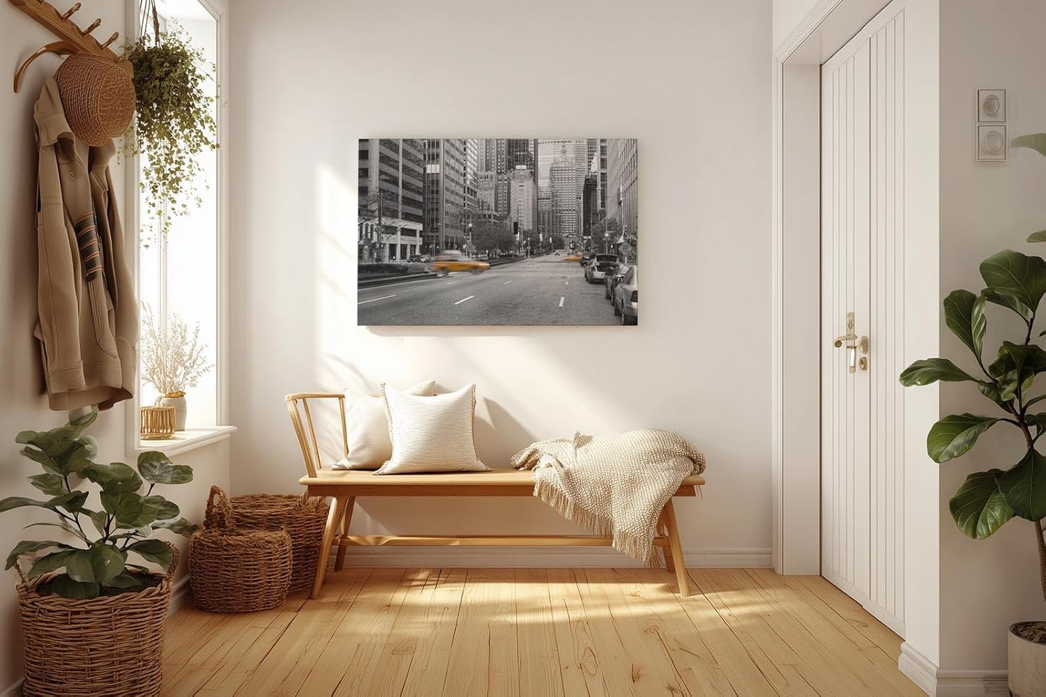 Sinus Art Wandbild 120x80cm Schwarz-Weiß-Straßenszene mit leuchtenden gelben Taxis – dynamisch, stilvoll und ikonisch