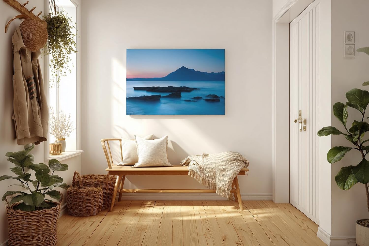 Sinus Art Wandbild 120x80cm Ruhige Bergsilhouette im Dämmerlicht mit glatter Wasseroberfläche in Blautönen