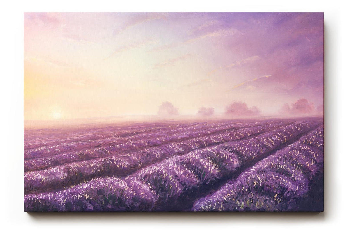 Sinus Art Wandbild 120x80cm Friedliche Landschaft mit Lavendelreihen und weichem Abendlicht für stimmungsvolle Atmosphäre