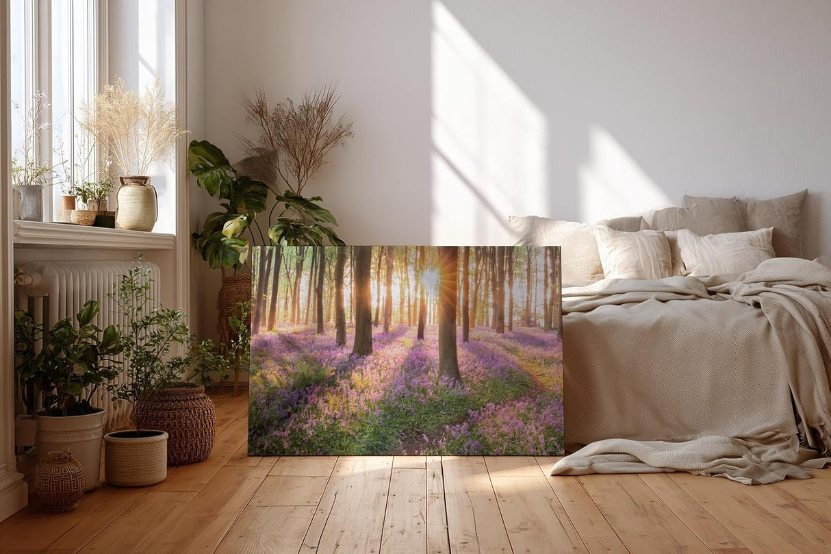 Sinus Art Wandbild 120x80cm Waldszene mit violetten Blüten und einfallender Sonne für verträumte Atmosphäre