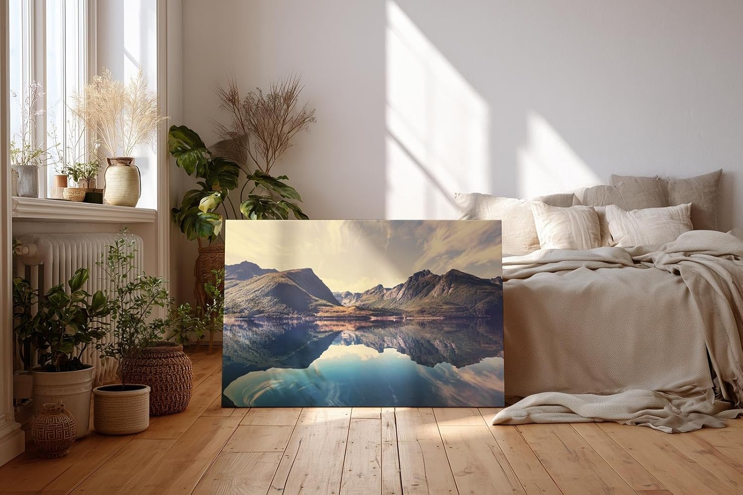Sinus Art Wandbild 120x80cm Berge und Himmel spiegeln sich perfekt in einem ruhigen klaren See vor beeindruckender Kulisse