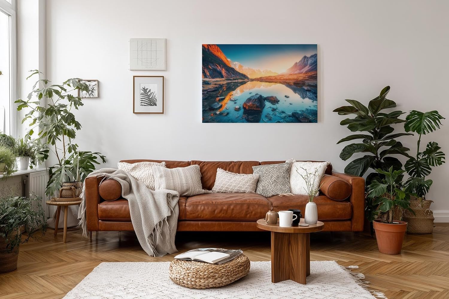 Sinus Art Wandbild 120x80cm Faszinierendes Bergpanorama mit Spiegelung im klaren Wasser bei untergehender Sonne