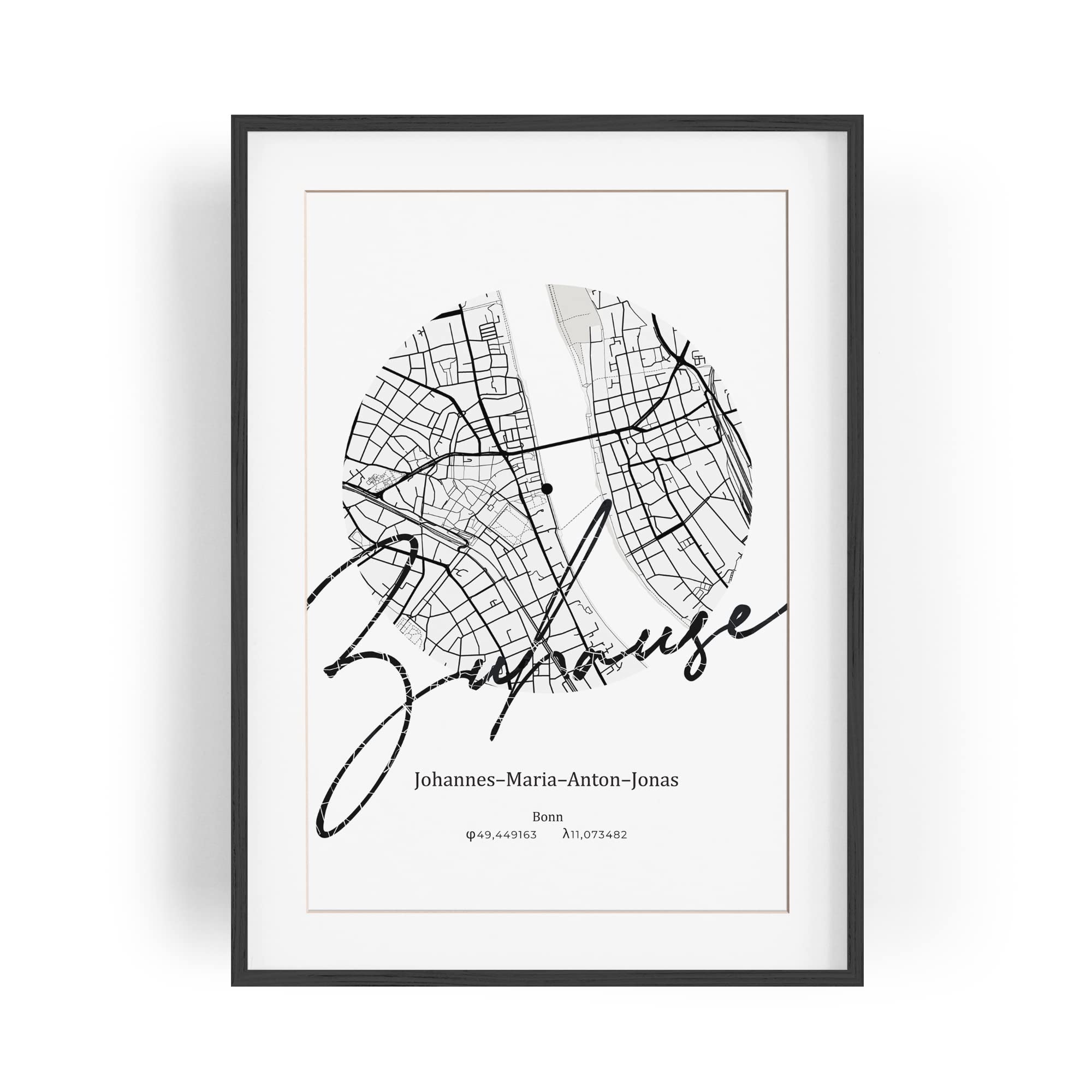Paul Sinus Bilderrahmen personalisierter Stadtplan mit deinen GPS Koordinaten und Namen. 30cm x 42cm Holz Wechselrahmen mit Glas und Passepartout. Moderne Geschenkidee zum Geburtstag (ohne Rahmen)