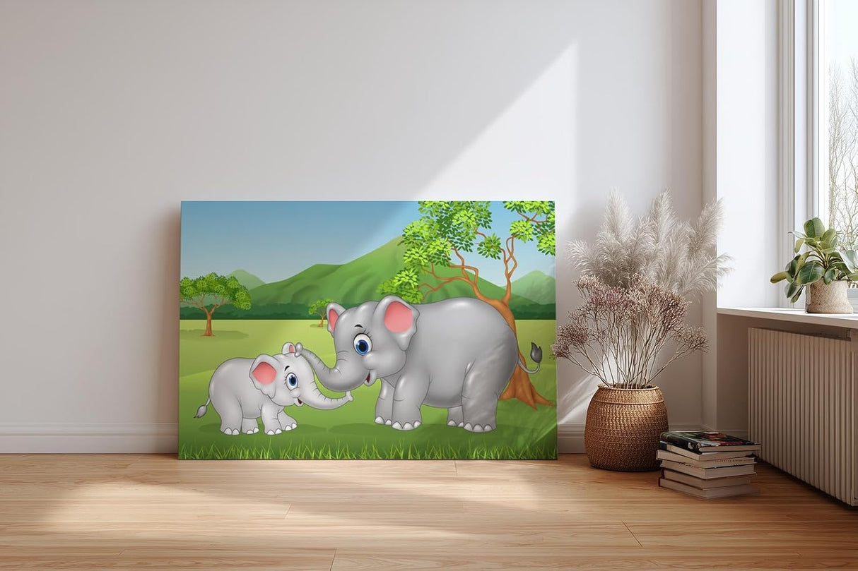 Sinus Art Wandbild 120x80cm Liebevoll gezeichnete Elefantenmutter mit Baby in lebendiger Naturkulisse