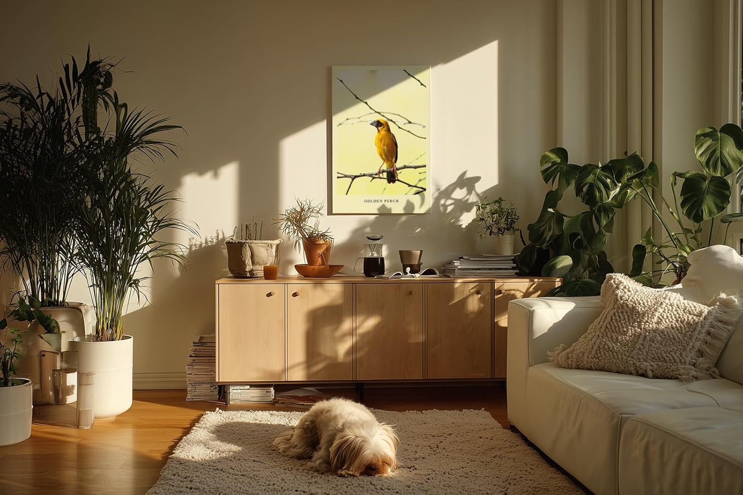 Paul Sinus Kunstdruck 40x60cm Golden Perch mit gelbem Singvogel auf Ast vor hellem Hintergrund