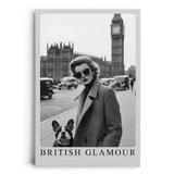 Paul Sinus Leinwandbild 60x90cm Leinwandbild Britischer Glamour – Stilvolle Schwarz-Weiß-Fotografie einer eleganten Frau mit Hund vor Big Ben