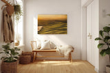 Sinus Art Wandbild 120x80cm Wellenartige Hügel im goldenen Licht der untergehenden Sonne mit weitem Horizont