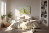 Sinus Art Wandbild 120x80cm Minimalistisches Vogelmotiv mit gelbem Farbakzent auf hellem Hintergrund für moderne Räume