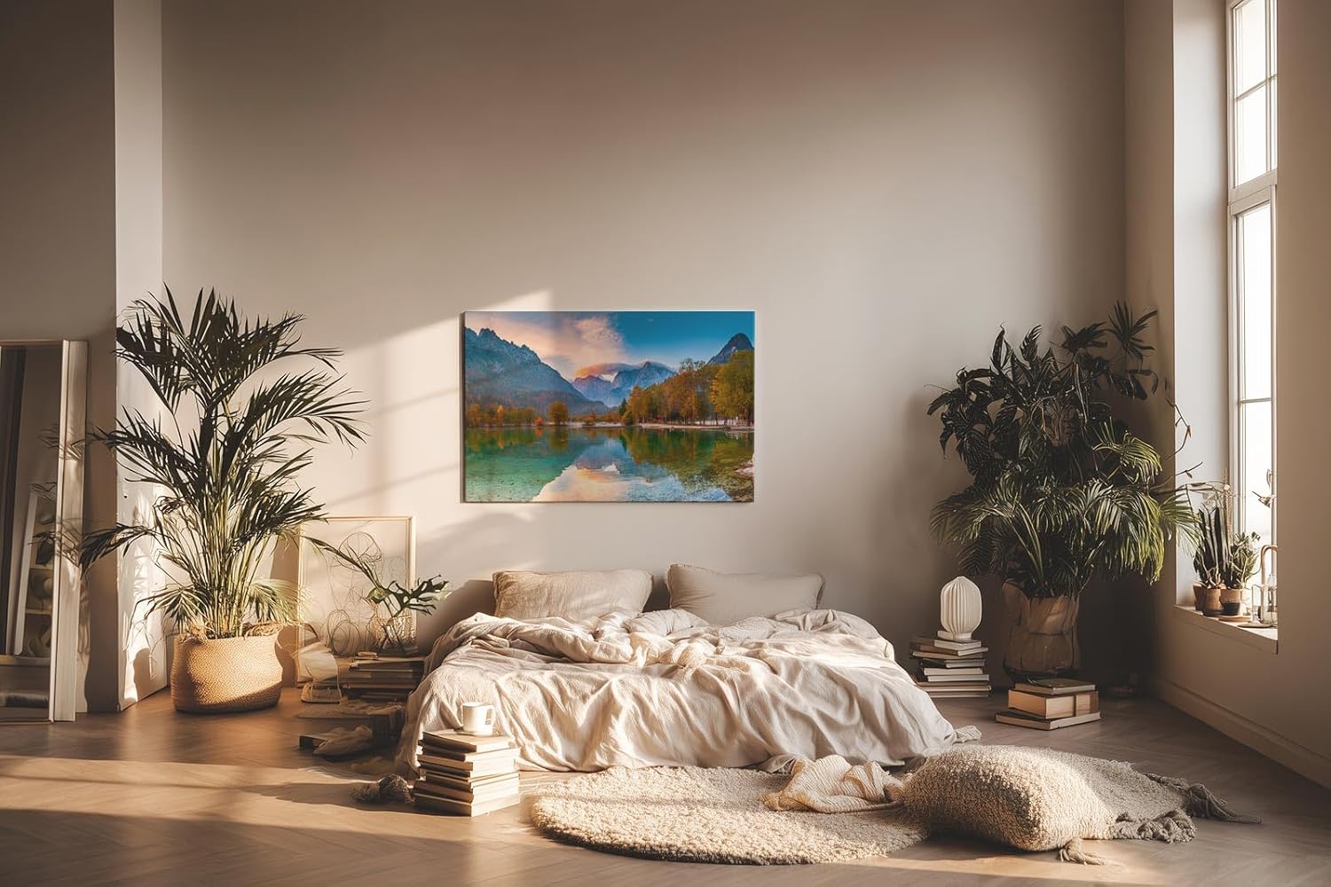 Sinus Art Wandbild 120x80cm Bunt gefärbter Herbstwald am See mit Spiegelung vor alpiner Kulisse für harmonische Raumwirkung