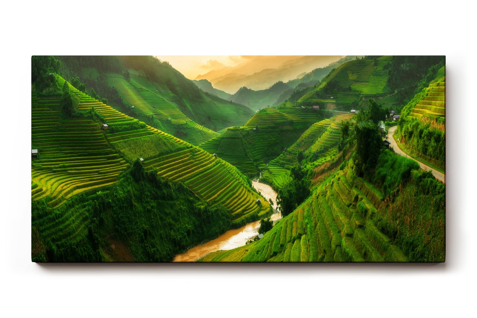 Sinus Art Wandbild 120x80cm Reisterrassen und Flusstal im weichen Licht der Morgensonne mit weiter Perspektive