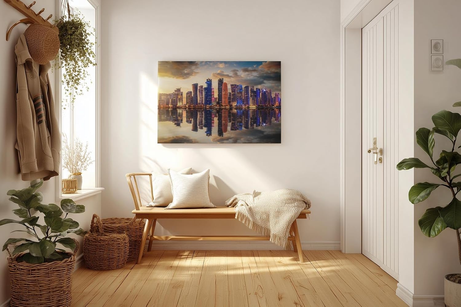 Sinus Art Wandbild 120x80cm Moderne Skyline spiegelt sich im Wasser bei untergehender Sonne – urbanes Highlight