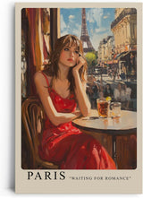 Paul Sinus Leinwandbild 60x90cm Leinwandbild Romantische Pariser Café-Szene – Frau im roten Kleid, impressionistische Stadtansicht, französischer Charme