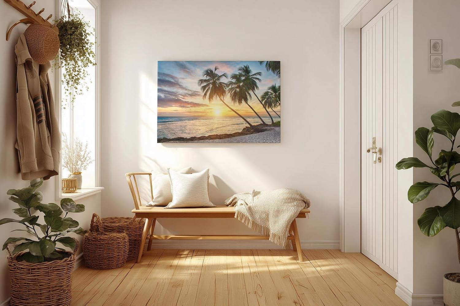 Sinus Art Wandbild 120x80cm Stimmungsvolles Motiv mit Palmen, Sandstrand und Sonnenuntergang – ideal für entspannte Raumgestaltung