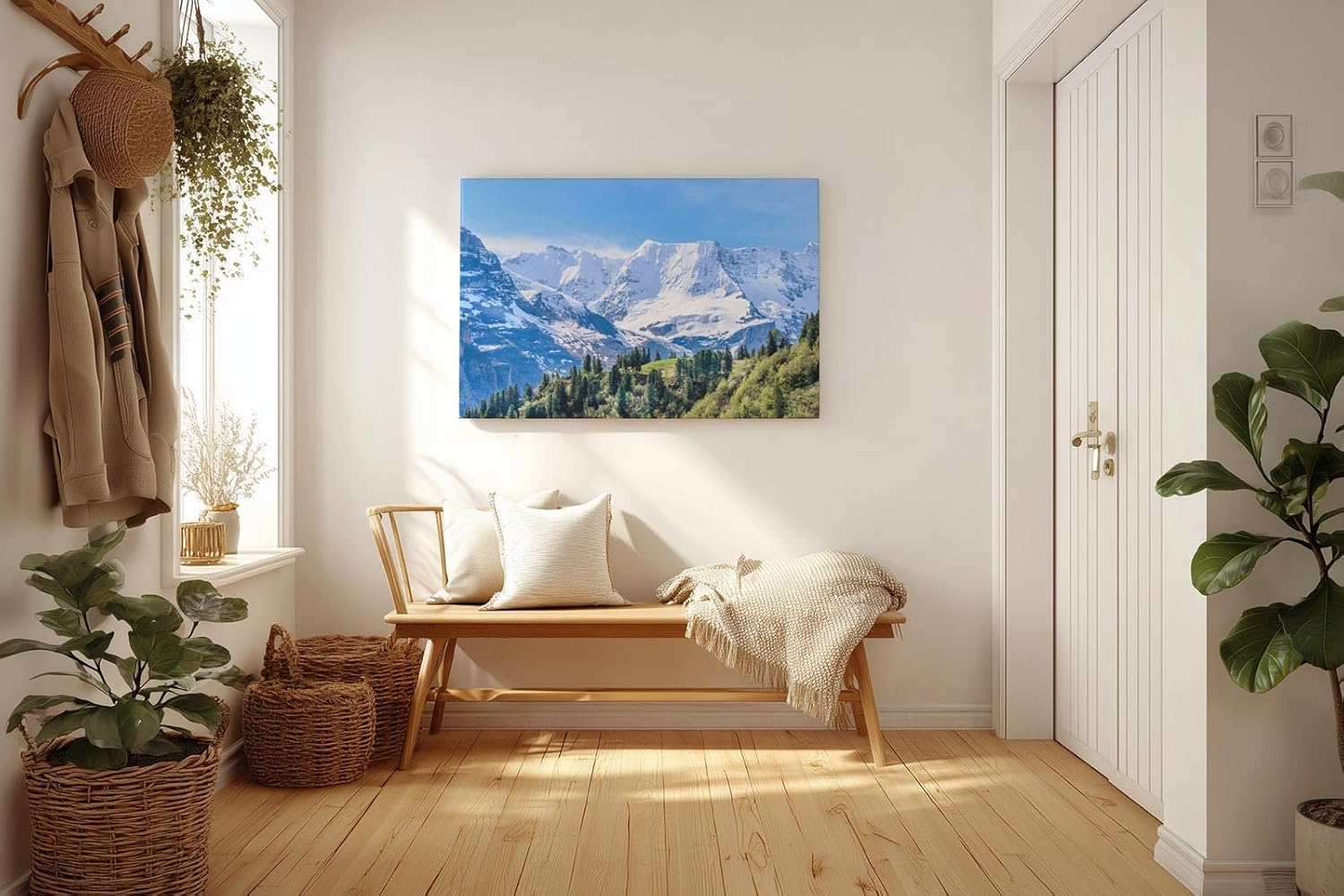 Sinus Art Wandbild 120x80cm Beeindruckendes Panorama mit schneebedeckten Gipfeln und grünen Hängen im Vordergrund