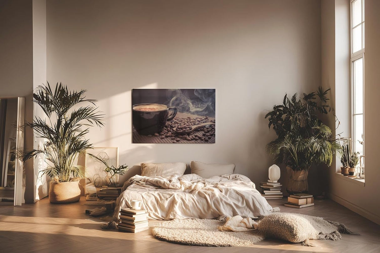 Sinus Art Wandbild 120x80cm Aromatische Darstellung mit dampfender Kaffeetasse und Kaffeebohnen weckt die Sinne und schafft gemütliche Stimmung