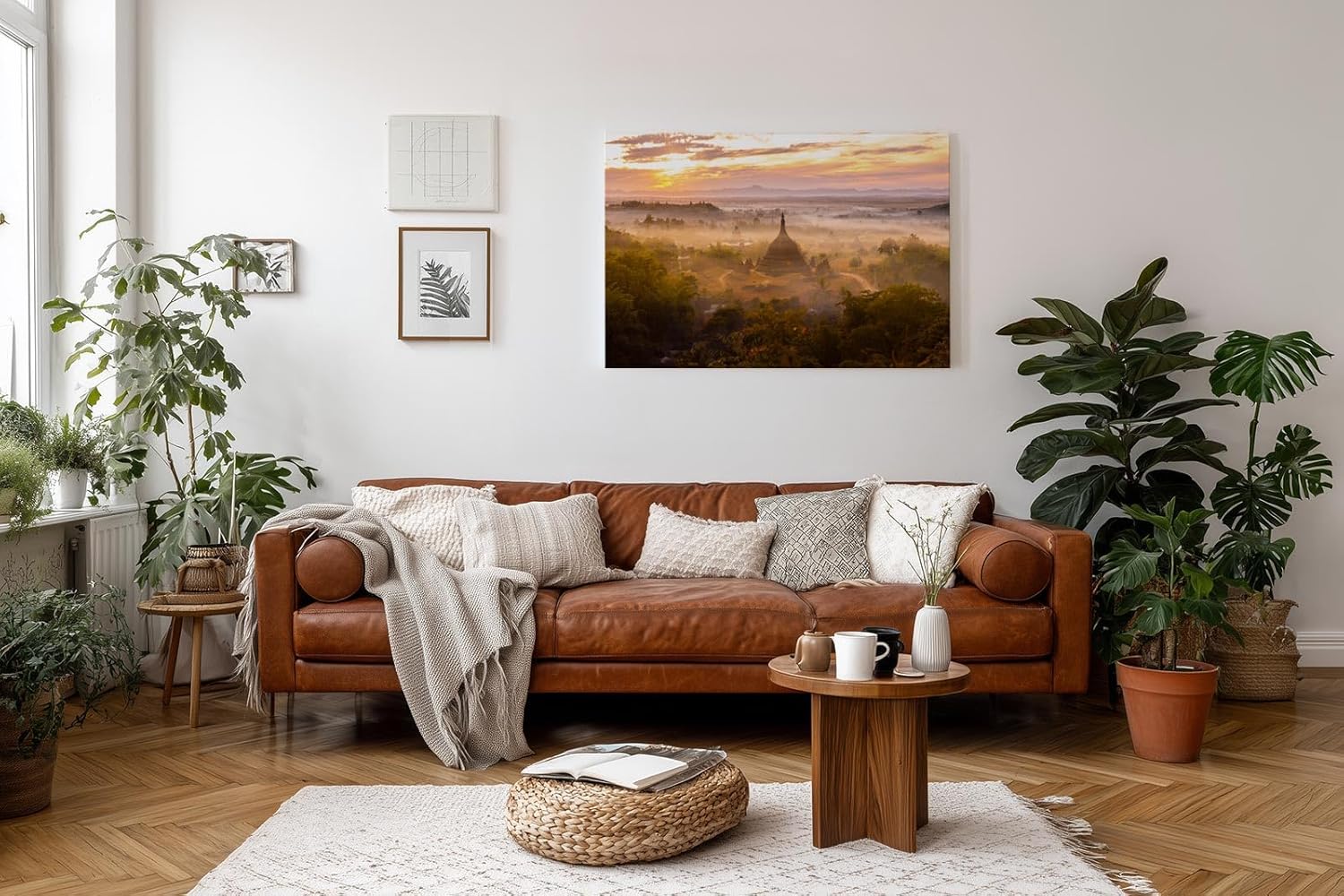 Sinus Art Wandbild 120x80cm Tempel im Morgendunst – faszinierende Komposition aus Kultur, Natur und Licht