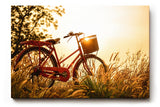 Sinus Art Wandbild 120x80cm Rotes Fahrrad im goldenen Gegenlicht einer Sommerwiese mit romantischem Flair