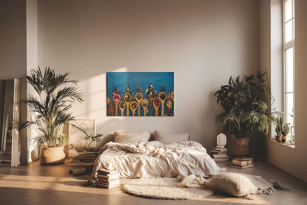 Sinus Art Wandbild 120x80cm Bunte Gewürze auf Holzlöffeln vor rustikalem Hintergrund – kulinarisch und stilvoll