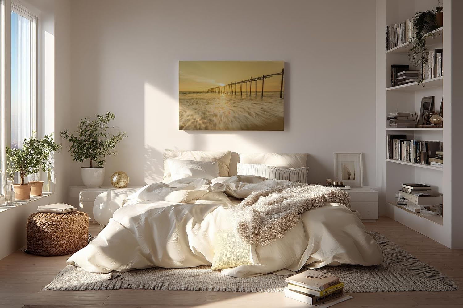 Sinus Art Wandbild 120x80cm Stimmungsvolle Aufnahme eines alten Holzstegs im goldenen Sonnenlicht auf offener See
