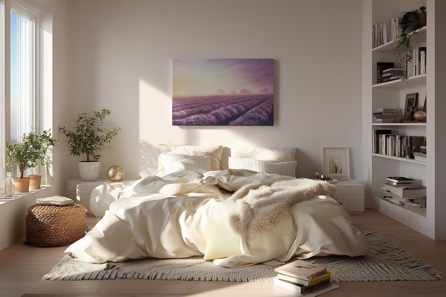 Sinus Art Wandbild 120x80cm Friedliche Landschaft mit Lavendelreihen und weichem Abendlicht für stimmungsvolle Atmosphäre