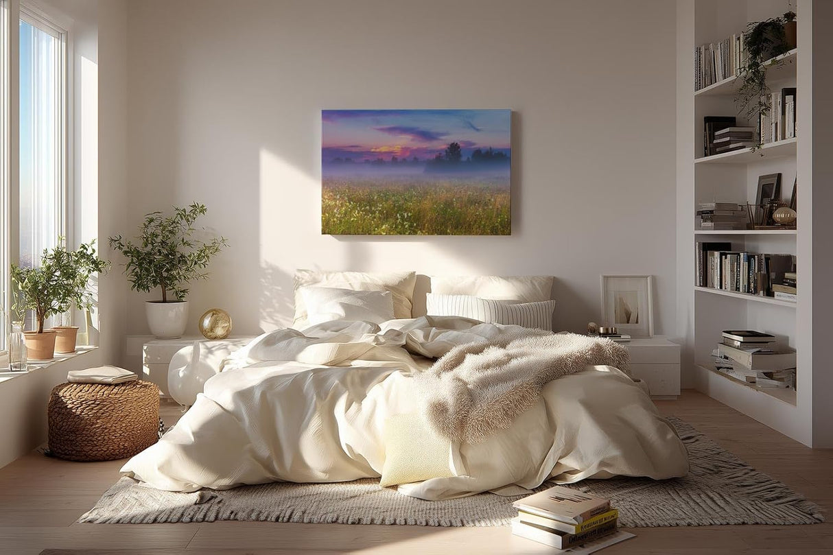 Sinus Art Wandbild 120x80cm Morgennebel über farbiger Wildblumenwiese – ideal für naturverbundene Raumgestaltung