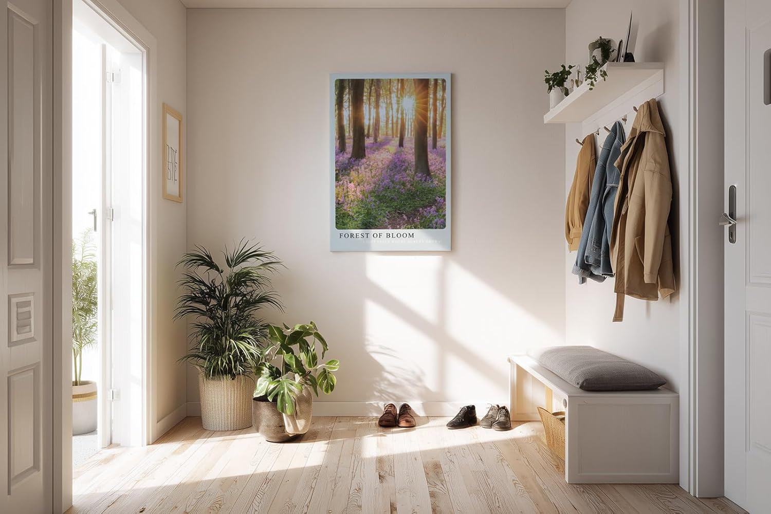 Paul Sinus Kunstdruck 40x60cm Forest of Bloom mit lila Blütenteppich und Sonnenstrahlen im Wald