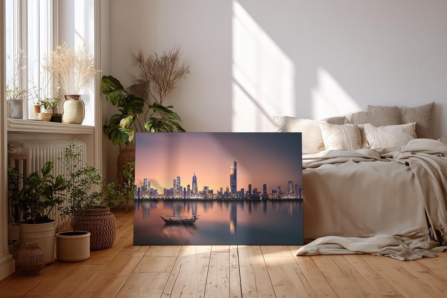 Sinus Art Wandbild 120x80cm Städtische Skyline in der Dämmerung mit reflektierendem Wasser und ruhigem Boot – kontrastreich und elegant