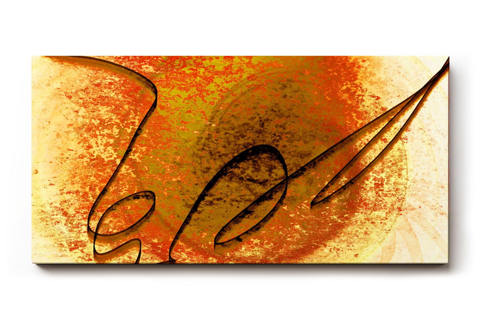 Sinus Art Wandbild 120x80cm Kreisförmige Strukturen in Orange und Gelb mit zentraler schwungvoller schwarzer Linie