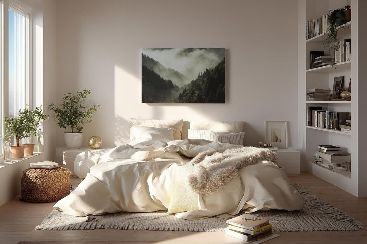 Sinus Art Wandbild 120x80cm Dichter Nadelwald unter ziehendem Nebel – geheimnisvoll, ruhig und atmosphärisch