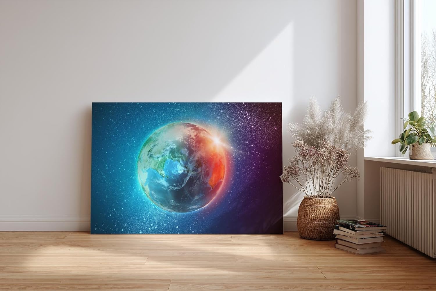 Sinus Art Wandbild 120x80cm Leuchtender Erdball vor funkelndem Sternenhimmel mit realistischer Tiefe